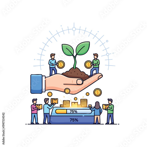 People invest coins into a growing plant on a hand, with progress bars