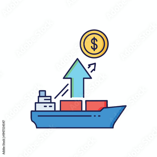 Cargo ship with upward arrow and dollar coin indicating profit increase