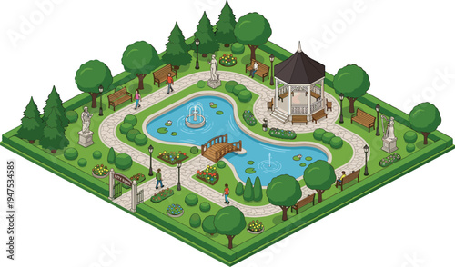 Isometric Illustration of a Tranquil Public Park Featuring a Pond, Fountain, Elegant Gazebo, Winding Paths, Benches, and Lush Greenery, Ideal for Leisure