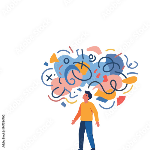 Man surrounded by chaotic swirling shapes and symbols on abstract background