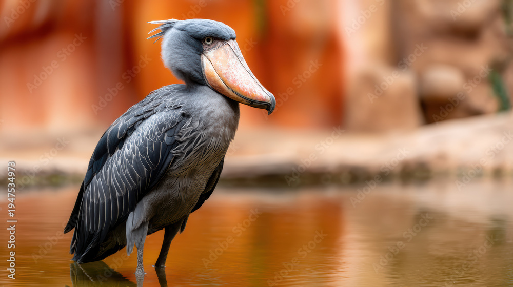 Fototapeta premium close-up of a shoebill bird standing in shallow water with a blurred natural background.
