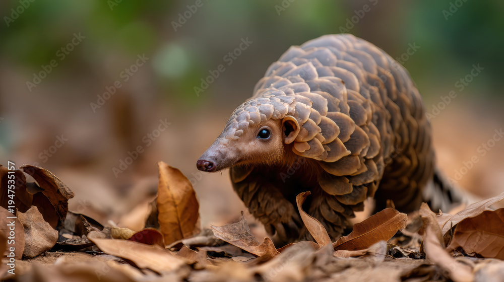 Fototapeta premium close-up of a pangolin walking on dry leaves, showcasing its unique scales and natural habitat with a blurred green and brown background.