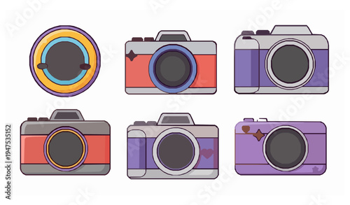 Cute cartoon camera icon set colorful photography mascot characters vector illustration