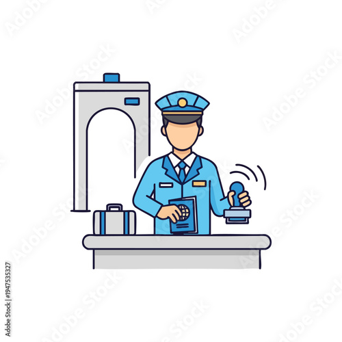 Border agent with passport and stamp, near scanner and suitcase