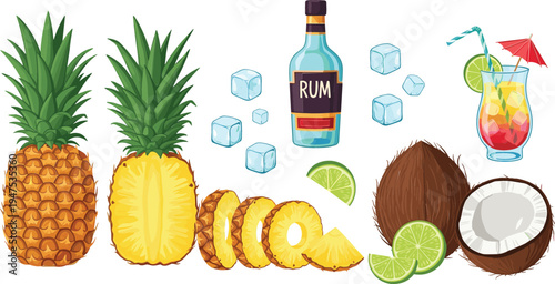 A tropical cocktail setup with fresh pineapples, coconut, rum bottle, ice cubes, lime, and a colorful drink.