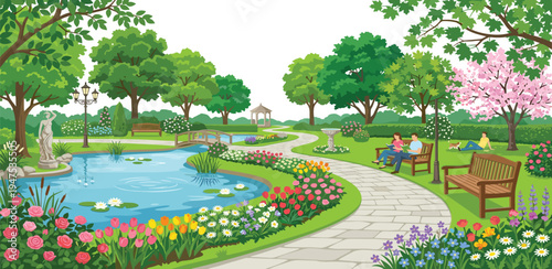 Beautiful park with a pond, blooming flowers, and people relaxing on benches on a sunny day