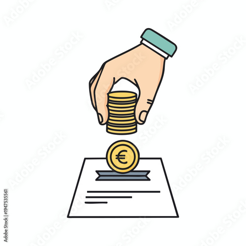 Hand deposits euro coin onto document; stack of coins above