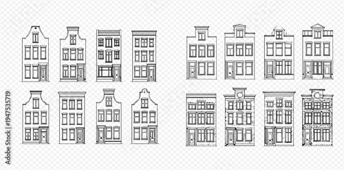 Set of Amsterdam old houses vector illustration. Traditional Dutch architecture facades in line art style.