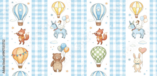 Charming Seamless Pattern of Cute Baby Animals and Hot Air Balloons on a Light Blue Gingham Background