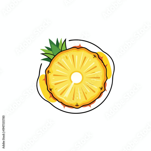 Slice of pineapple with crown and surrounding fruit on a white background