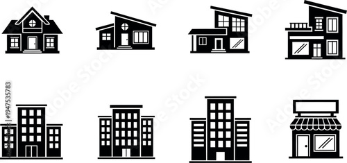 A collection of black and white building icons representing different types of residential and commercial structures.
