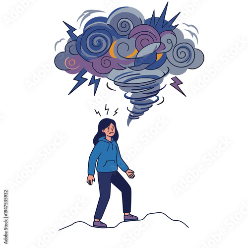 Woman experiencing stress and anxiety from a large storm cloud with lightning