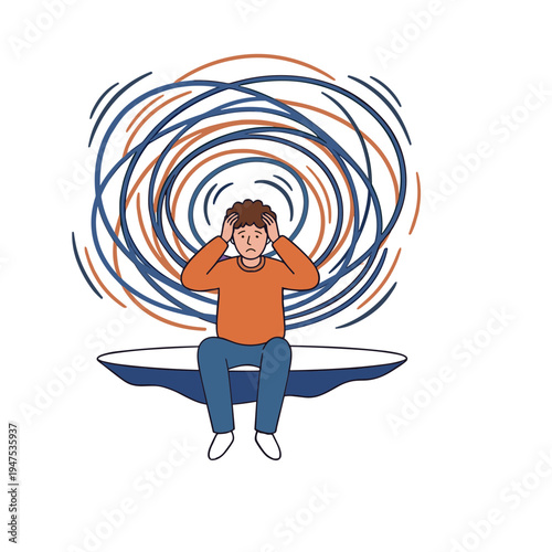 Person sits on bowl covering ears with swirling lines around head