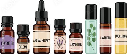 A collection of essential oil bottles labeled with various scents such as lavender, eucalyptus, and aromatherapy.