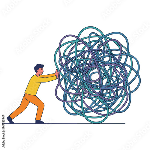 A man struggles to push a large tangled mess of colorful lines across the floor in frustration.