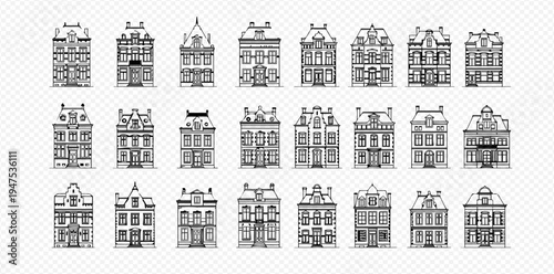 Set of various vintage European house facades in line art style on a transparent background.