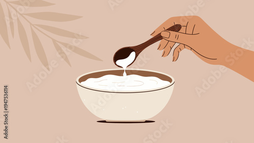 Illustrated scene of a person's hand gracefully serving a spoonful of delicious, creamy white substance from a bowl, perfect for breakfast or a healthy treat