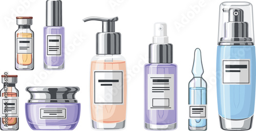 A collection of skincare bottles and jars with minimal labels in purple and blue tones