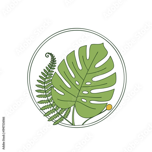 A circular emblem showcasing a monstera leaf and fern frond