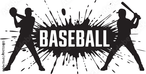 Dynamic baseball player silhouettes with a splattered text title for sports designs