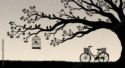 Silhouette of bicycle under tree with birdcage serene landscape with bike and blooming branches