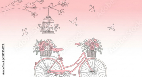 Vintage pink bicycle with flower baskets and birdcage on pastel background with flying birds