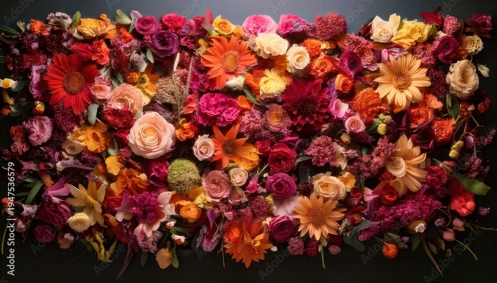 Fototapeta premium Vibrant floral arrangement featuring roses, gerberas, and other colorful blooms.