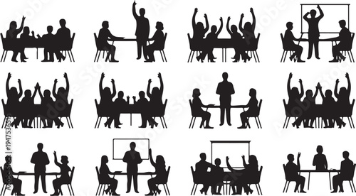 Professional Business Team Meetings and Collaborative Discussions Silhouettes in Various Scenarios