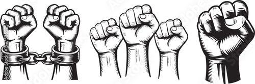 Powerful Human Fists Raised in Protest and Shackled Hands in Solidarity for Justice