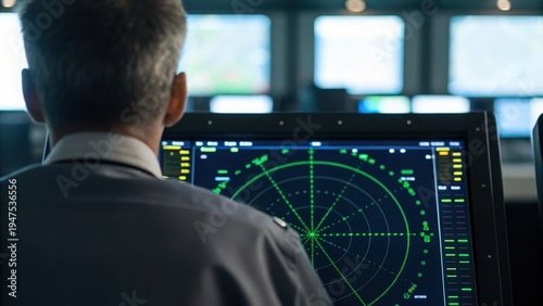 Air Traffic Controllers Man monitoring radar screen in control room with multiple displays showing tracking and navigation data.