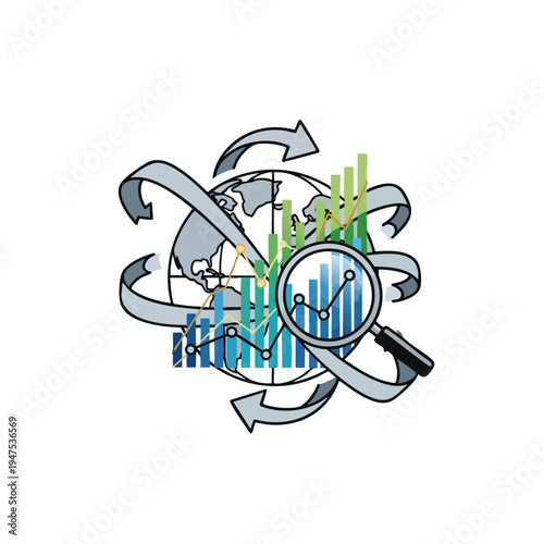 Global analytics, charts, magnifying glass, and circular arrows combine