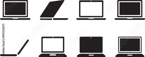 Set of modern laptop computer device icons representing technology and digital communication