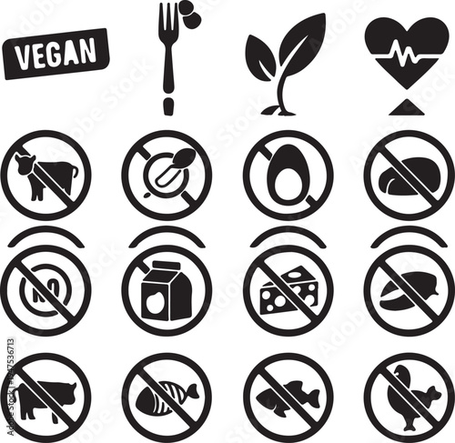 Vegan and Dietary Restriction Icons Set for Healthy Eating, Allergens, and Lifestyles