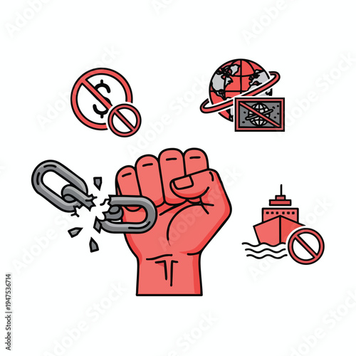 Fist breaking chain; no money, shipping, or global trade icons