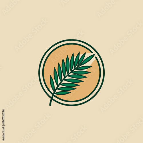 Minimalist circular emblem featuring a green palm frond on a tan background