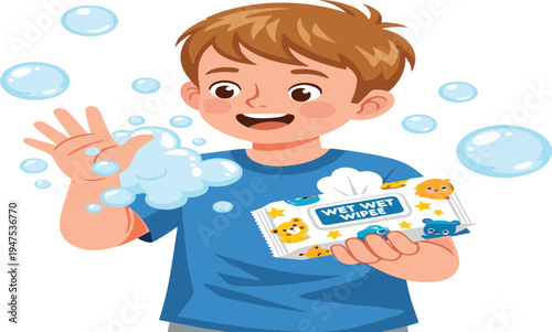 A happy child holding a packet of wet wipes with bubbles floating around, ready to clean.