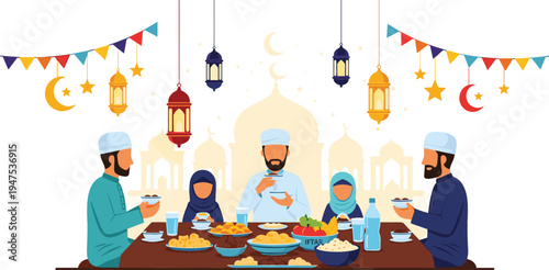 A family enjoying Iftar together during Ramadan, sitting at a table full of traditional food under festive decorations and lanterns