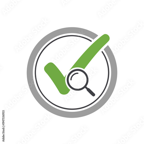 A green checkmark within a gray and black circle, with a magnifying glass