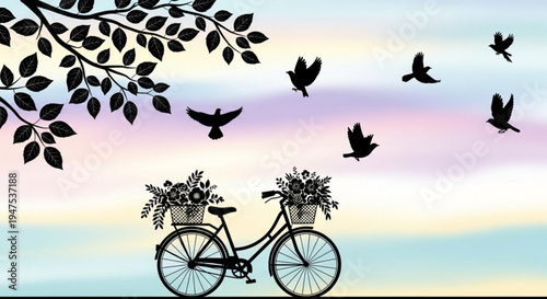 Bicycle with flower baskets and birds flying against a colorful sunset sky with tree branch