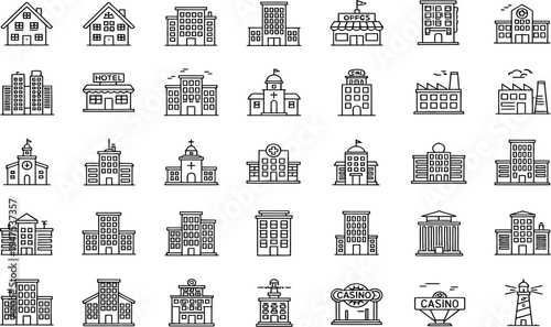 A comprehensive collection of various building icons in a simple line art style, perfect for graphic design projects.