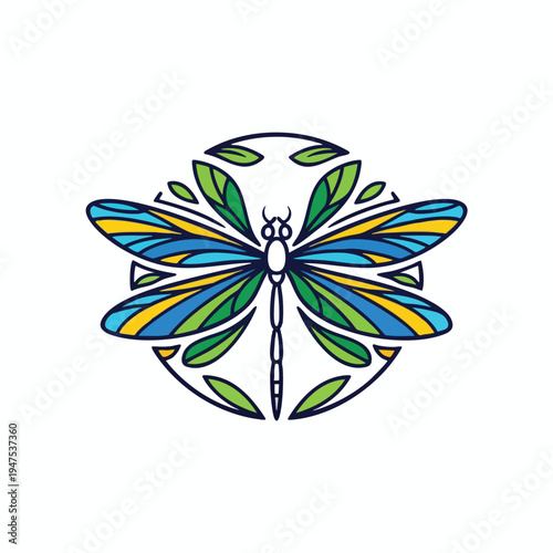 Stylized dragonfly with vibrant wings and leaves enclosed in a circular frame
