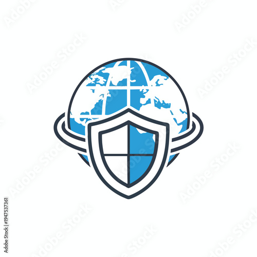 Blue and white globe behind a segmented shield symbol