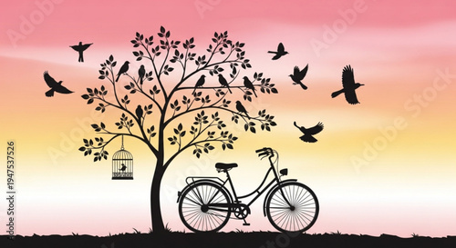Bicycle parked under tree with birds flying at sunset serene landscape with birdcage hanging from branch