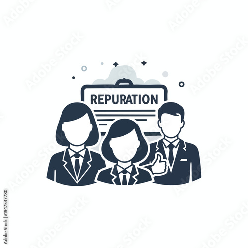 Business team with positive reputation on clipboard; one gives thumbs up