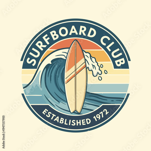 Retro circular emblem featuring a surfboard in a crashing wave and vintage stripes