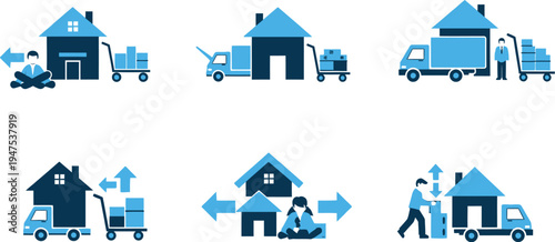 A collection of moving and relocation icons showing houses, trucks, and people for delivery services