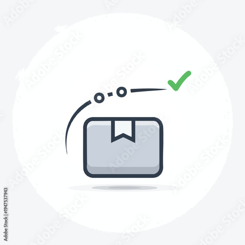 Simplified icon showing a package on a dashed path leading to a checkmark