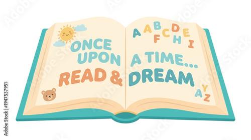 Whimsical Open Storybook Illustration with Once Upon a Time Read and Dream Quote for Kids Literacy and Education