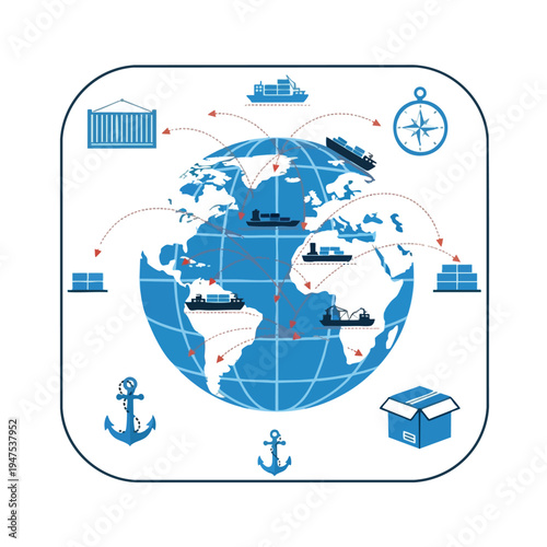 Global shipping network with cargo ships, containers, boxes, anchors, and compass