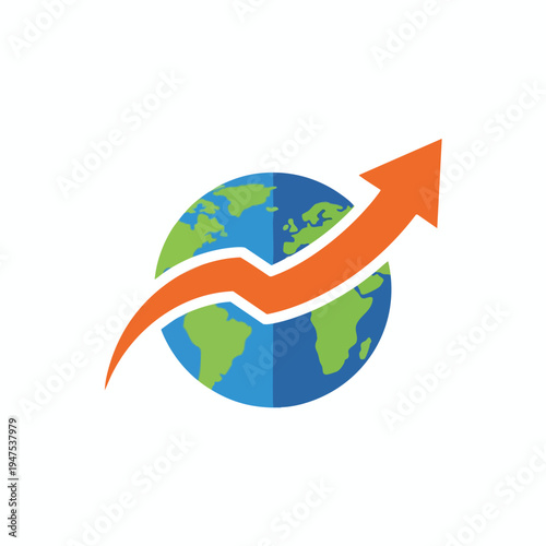 Orange arrow points up and right across a stylized blue and green globe